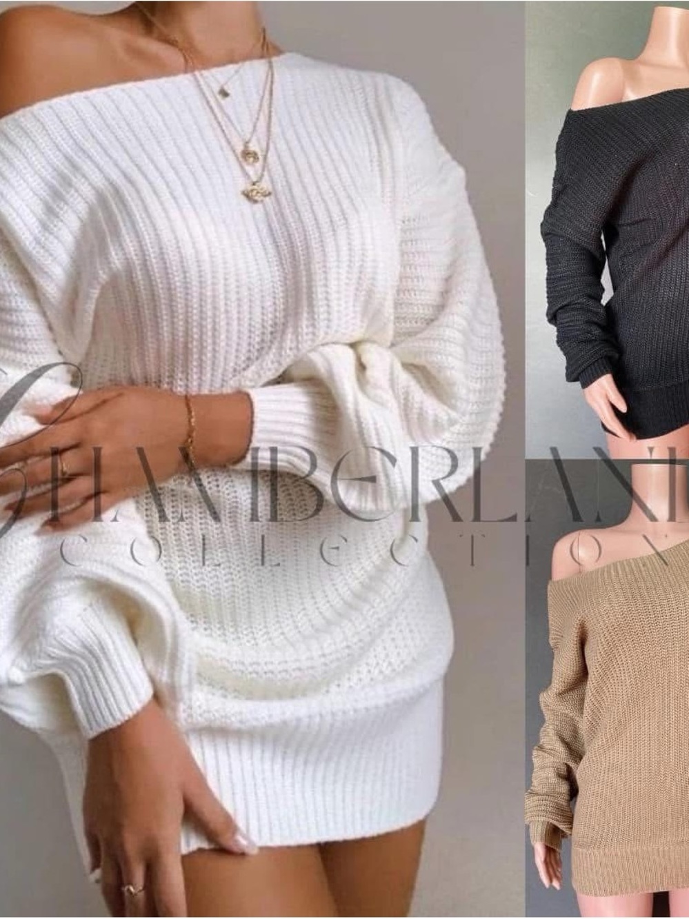 Off-Shoulder Ribbed Knit Sweater Dress - White, cream, gray